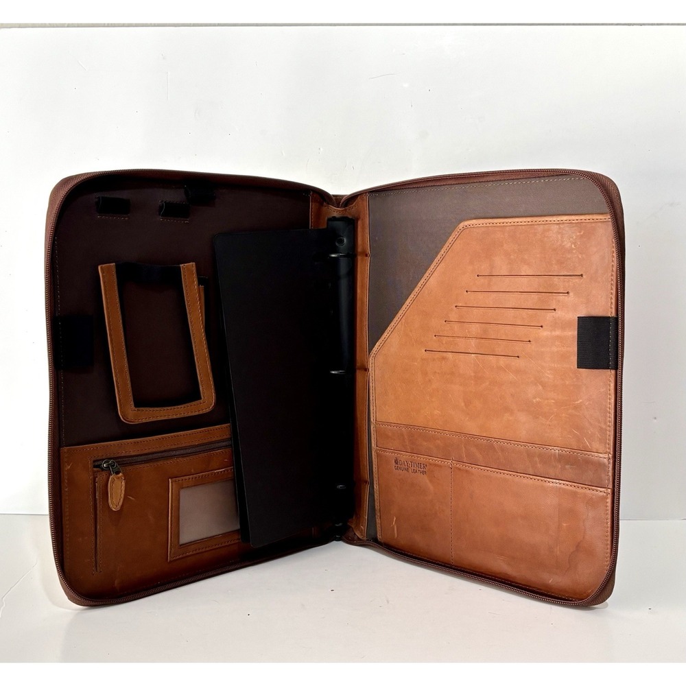 Day Timer Planner Vintage Brown Genuine Leather Organizer Binder Zip 3 Rings
